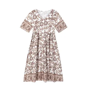 Close-up of summer floral print dress with bohemian pattern and short sleeves