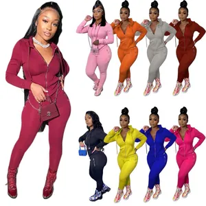 Women Fashion Sporty Casual Solid Color Top And Bottom Set Polyester Hooded Full Zipper Pocket Long Sleeve Tracksuit
