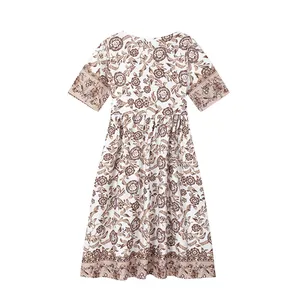 Back view of summer bohemian floral print dress with loose fit and short sleeves