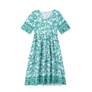 V-neck midi dress featuring a vibrant white and green floral batik print pattern