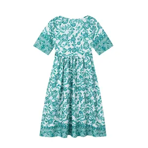 Detailed view of the back of a teal floral print midi dress with high waist and short sleeves