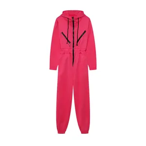Full length view of a pink hooded long-sleeve jumpsuit with stylish central and chest zippers