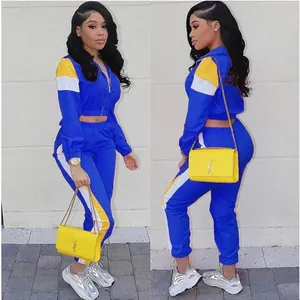 Ensemble de sport pour femme bleu et jaune avec blocs de couleurs, vues de face et côté