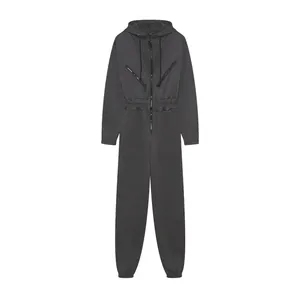Detailed front view showing a dark grey women's hooded athletic casual jumpsuit