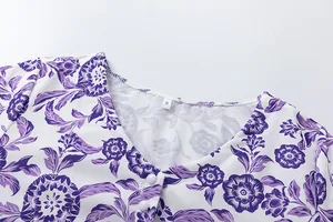 Detailed view of the elegant V-neckline and buttons on a purple floral print summer dress