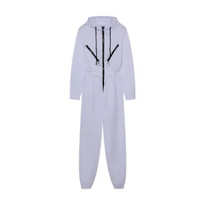 Professional women's white hooded long sleeve zip-up jumpsuit for sports and casual daily wear