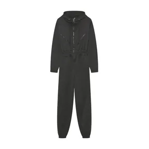 Front view of black women's hooded long sleeve sports jumpsuit onesie with zipper