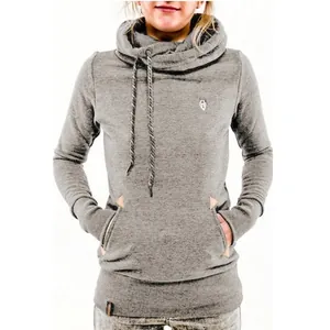 Close-up of grey hoodie with cowl neck, thumbholes and embroidered wolf emblem