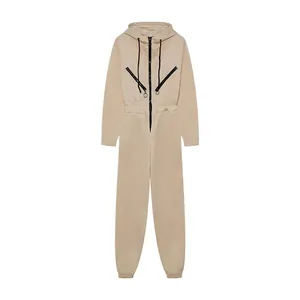Front view detail of a beige casual hooded jumpsuit for women with center zipper.