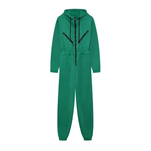 Athletic emerald green hooded jumpsuit with front zipper and casual romper style