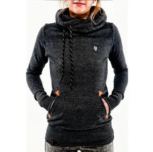 Detailed view of grey cowl-neck hoodie with drawstring and embroidered logo