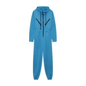 Front detail view of a blue hooded sports jumpsuit for women with long sleeves