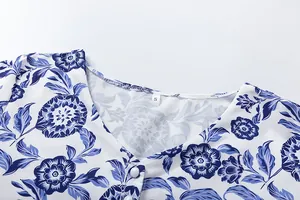 Macro detail shot showing the V-neckline and blue floral print pattern of summer dress