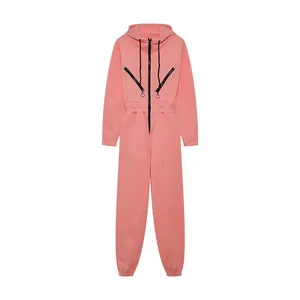 Pink women's hooded sporty jumpsuit featuring full front zip and decorative chest zippers