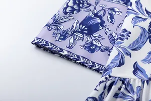 Close-up detail of blue floral print and fine fabric texture on a commuter dress
