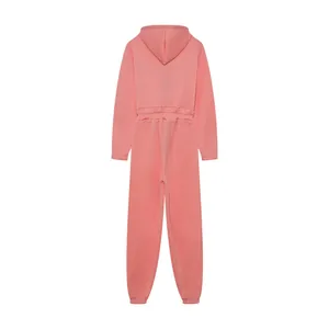 Detailed back view of a pink hooded long-sleeve jumpsuit with an elastic waist design