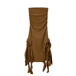 Brown strapless bodycon dress with ruched bodice and ruffled asymmetrical hemline