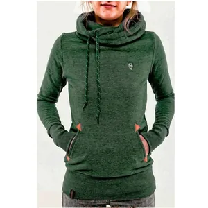 Detail view of a dark green long-sleeve hoodie with high cowl neck and wolf embroidery