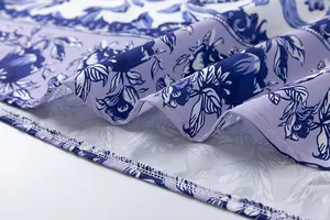 Close-up detail of blue floral print and hemline stitching on a summer maxi dress.