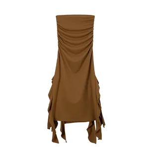 Stylish brown strapless bodycon dress with ruching and irregular ruffled hem design