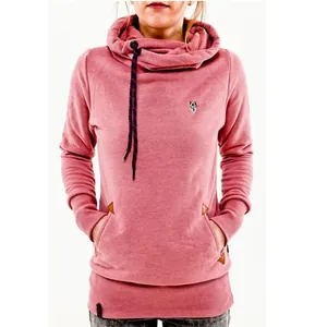 Women's slim fit pink cowl neck hoodie with unique wolf embroidery and leather accents