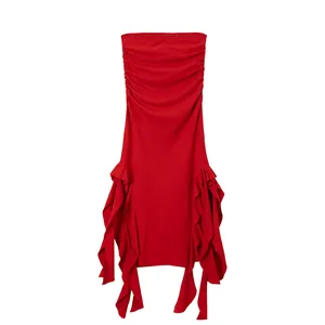 Red strapless tube bodycon dress featuring elegant asymmetrical ruffles on sides.
