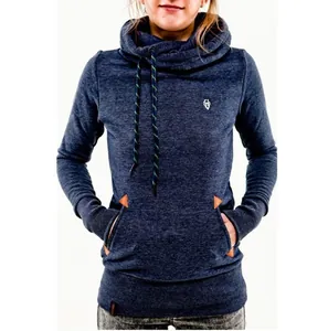 Slim fit navy blue heathered cowl neck hoodie with drawstring and embroidered wolf logo