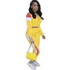 Ensemble de survêtement de sport deux pièces rose et jaune pour femme style décontracté