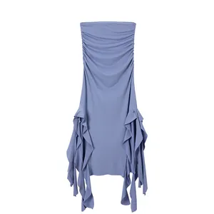 Detailed view of blue strapless bodycon dress with ruffles and irregular hemline design
