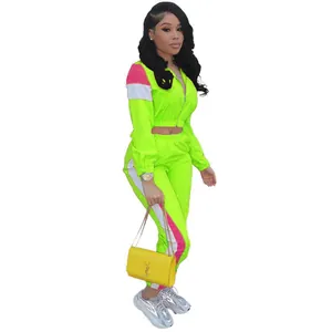 Survêtement deux pièces vert fluo pour femmes avec détails de blocs de couleur