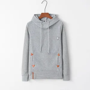 Stylish gray hooded sweatshirt featuring unique embroidery and leather pocket accents