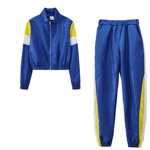 Ensemble de survêtement bleu pour femme avec blocs de couleurs jaune et blanc, 2 pièces