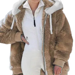 Chaqueta cálida con capucha de forro polar peludo caqui con ribete blanco para mujer