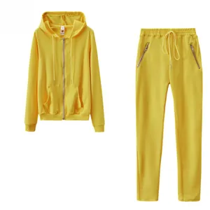 Vibrant yellow women's two-piece sports set featuring a zip-up hoodie and matching pants
