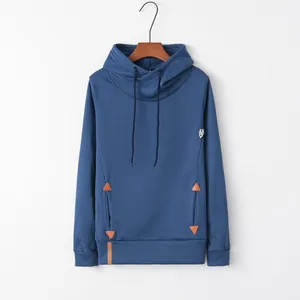 Front view of a stylish navy blue hooded sweatshirt displayed on a simple wooden hanger