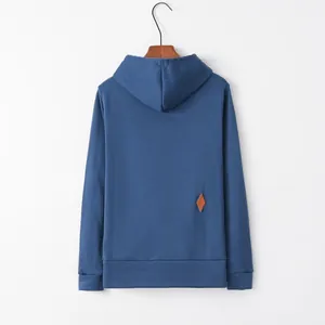 Back view of a stylish blue long sleeve hooded sweatshirt with premium fabric detail