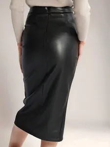 Back view of a black faux leather midi pencil skirt with a high waist and zipper.