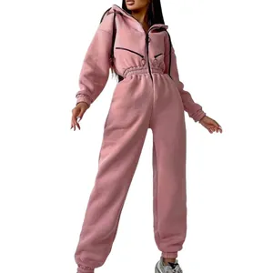 Lässiger rosa Kapuzen-Jumpsuit für Damen mit langen Ärmeln und elastischem Bund für Herbst