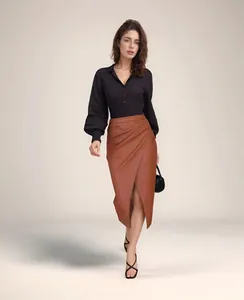 High waist brown PU leather midi skirt with pleated wrap design and sexy front slit detail