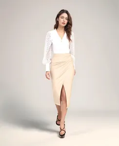 Elegant high waist beige PU leather midi skirt with front split and pleated details
