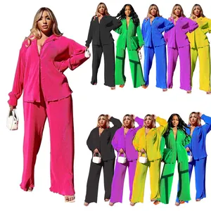 Women Casual Pleated Two Piece Set Long Sleeve Turndown Collar Button Shirt And Wide Leg Pants Solid Sexy Streetwear Lounge Suit