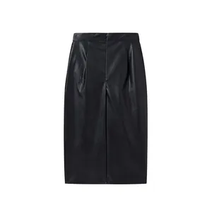 Back view of black PU leather high waist midi skirt with hidden zipper detail.
