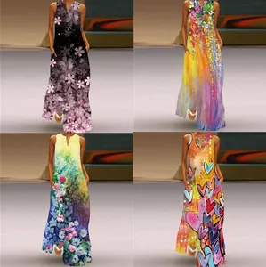 Women Sleeveless V Neck Maxi Dress Vintage Floral Heart Print Linen Dress With Pockets Casual Loose Summer Beach Long Dress