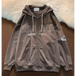 Vintage Oversized Zip-Up-Hoodie mit Retro-Buchstabenbestickung im Streetstyle-Look
