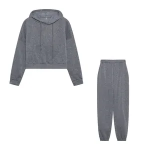 Grijze tweedelige trainingspak voor dames met korte hoodie en bijpassende joggingbroek