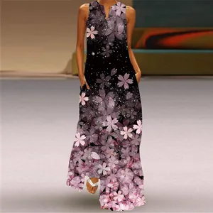 Close-up detail of sleeveless V-neck maxi dress featuring elegant cherry blossom print