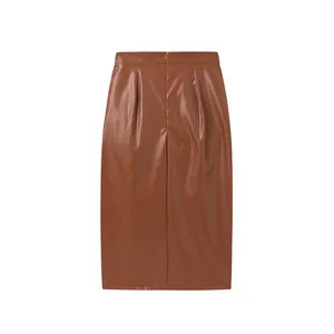 High-waisted brown faux leather pencil skirt featuring a back zipper and slit detail.