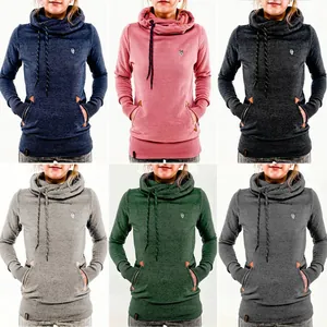 Women Casual Cowl Neck Hooded Sweatshirt Long Sleeve Fleece Hoodie With Kangaroo Pocket Animal Embroidery Leather Patch Top