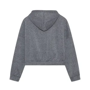 Gedetailleerd achteraanzicht van een grijze hoodie met lange mouwen voor dames in de herfst.