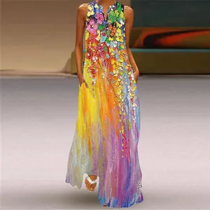 Vibrant oil painting style floral print on a sleeveless V-neck maxi dress for women.